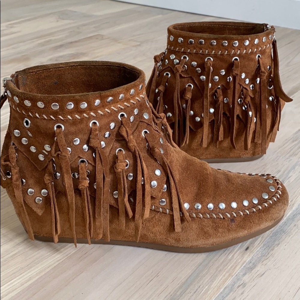 ASH Spirit Studded Suede Fringe Ankle Boots